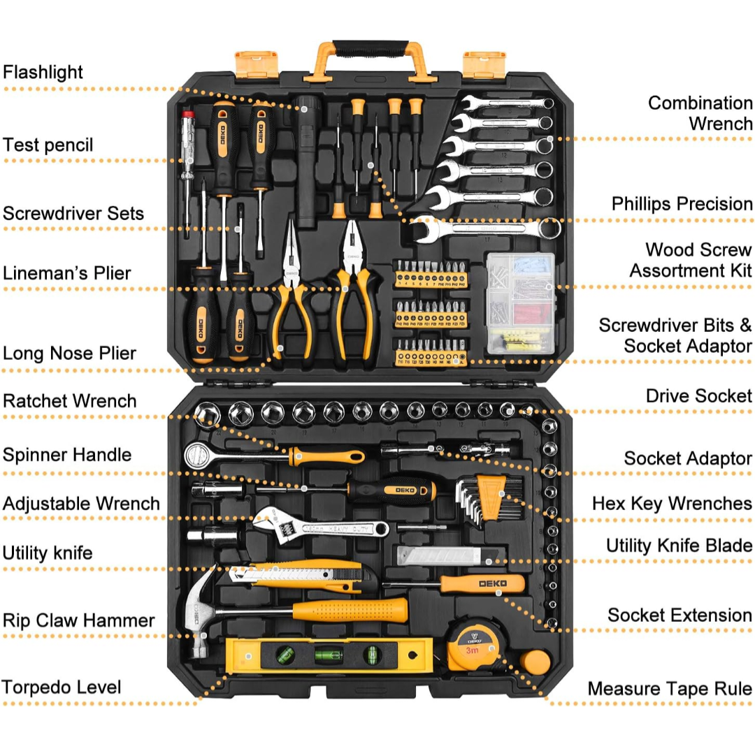 DEKOPRO 208 Piece Tool Set,General Household Hand Tool Kit, Auto Repair Tool Box with Plastic Toolbox Storage Case