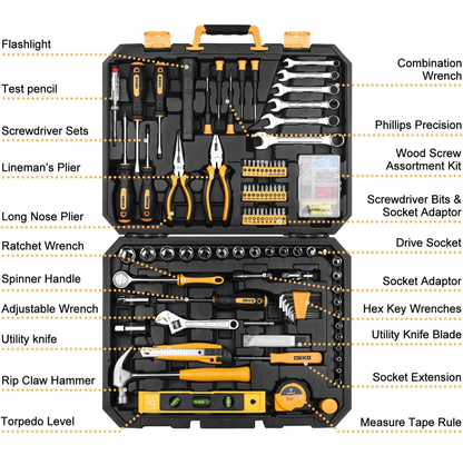 DEKOPRO 208 Piece Tool Set,General Household Hand Tool Kit, Auto Repair Tool Box with Plastic Toolbox Storage Case