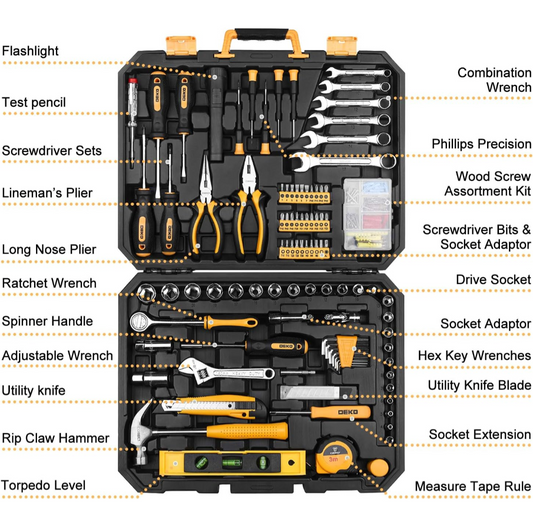 DEKOPRO 208 Piece Tool Set,General Household Hand Tool Kit, Auto Repair Tool Box with Plastic Toolbox Storage Case