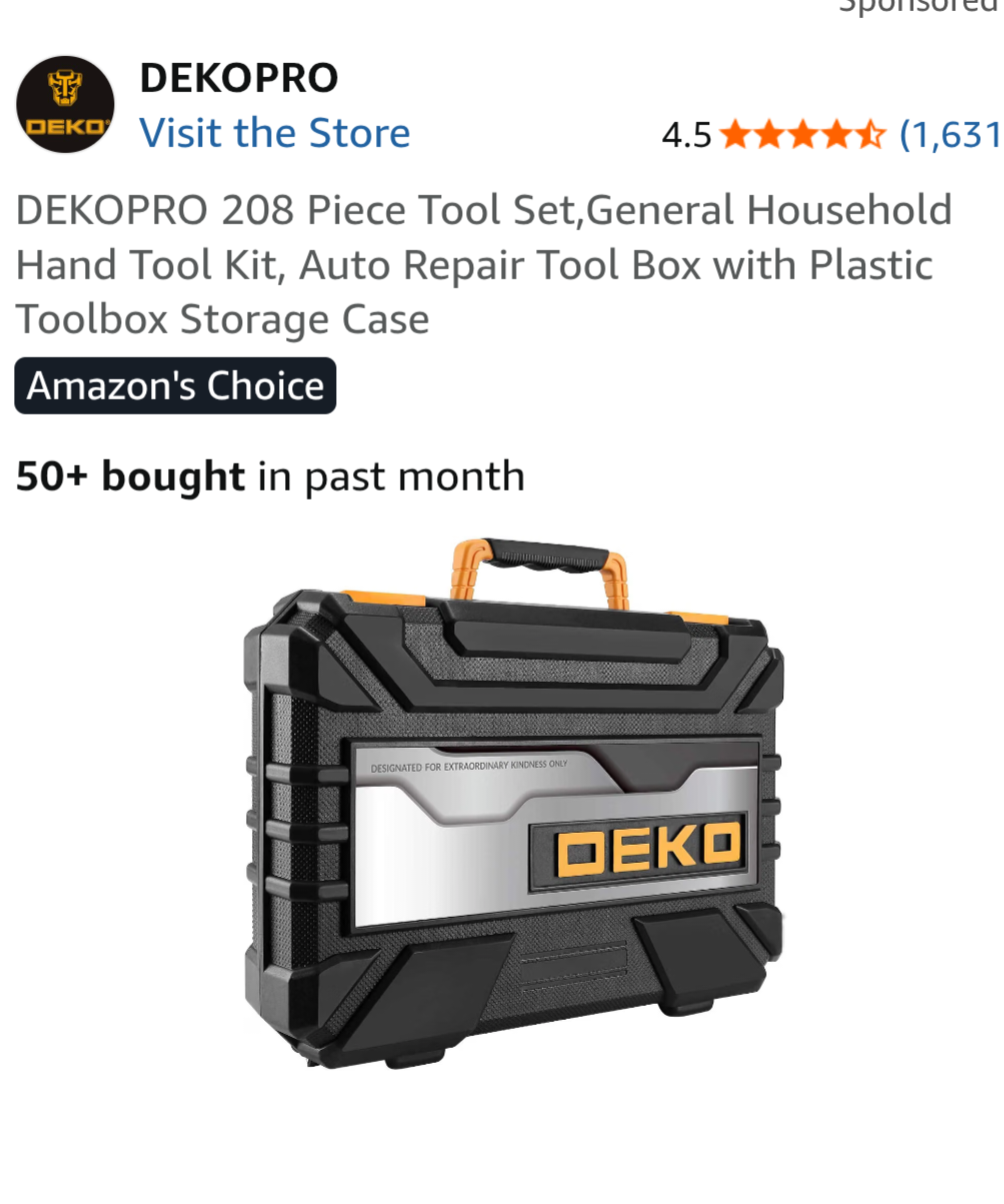 DEKOPRO 208 Piece Tool Set,General Household Hand Tool Kit, Auto Repair Tool Box with Plastic Toolbox Storage Case