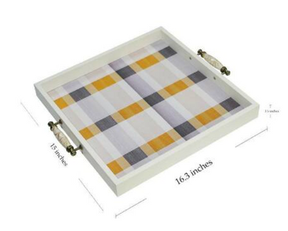 White Rectangular Wood 15 in. Checkered Decorative Breakfast Tray