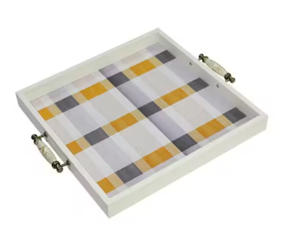 White Rectangular Wood 15 in. Checkered Decorative Breakfast Tray