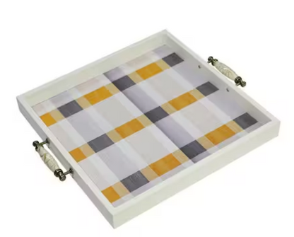 White Rectangular Wood 15 in. Checkered Decorative Breakfast Tray
