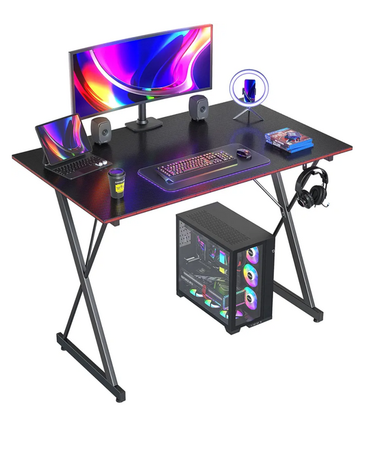 43" Gaming Computer Desk with X-Style Metal Frame and Carbon Fiber Desktop, Black