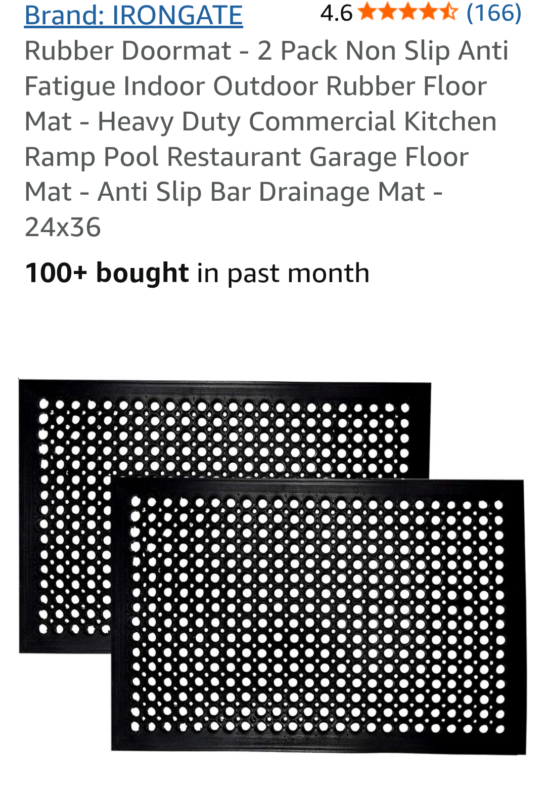 2-Pack 24"x 36" Commercial No-Slip Anti-Fatigue Rubber Floor Mat, Black