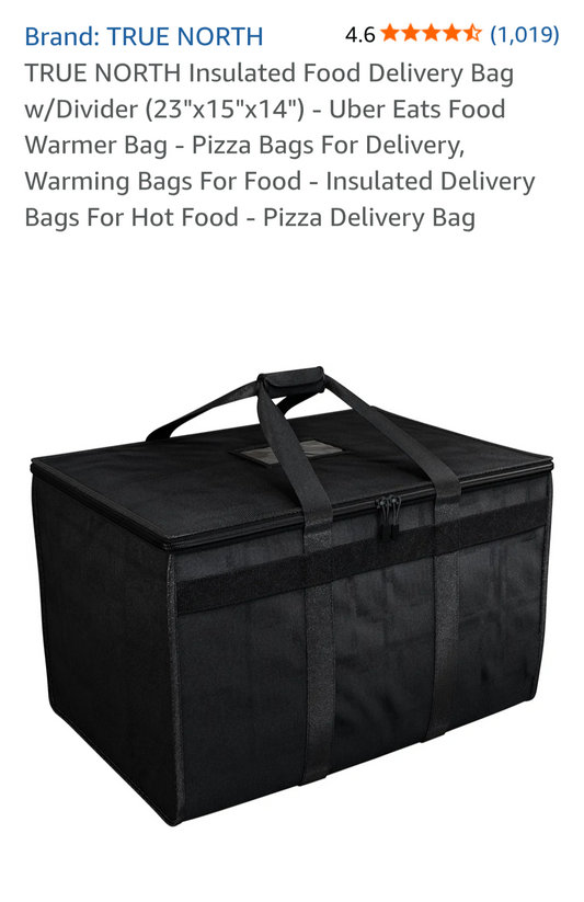 Black insulated food delivery bag with product details on a white background