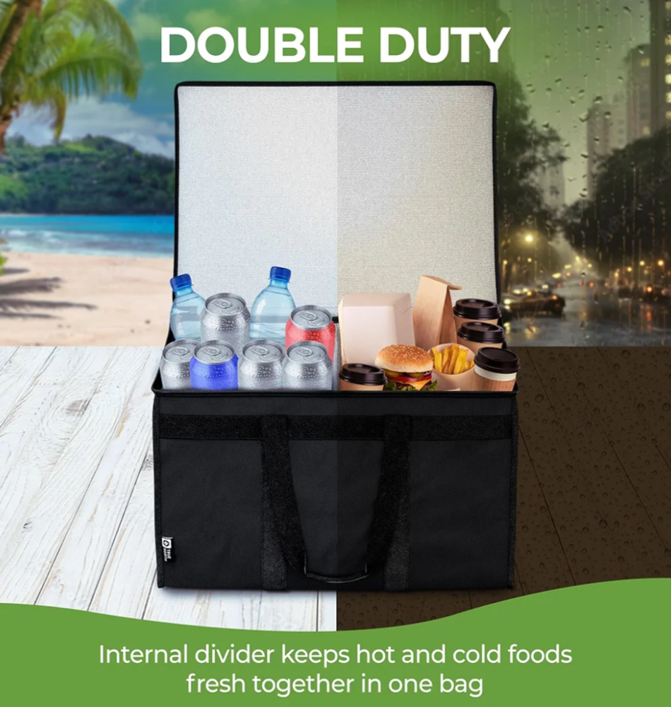 Warmer bag for food delivery with a scenic background