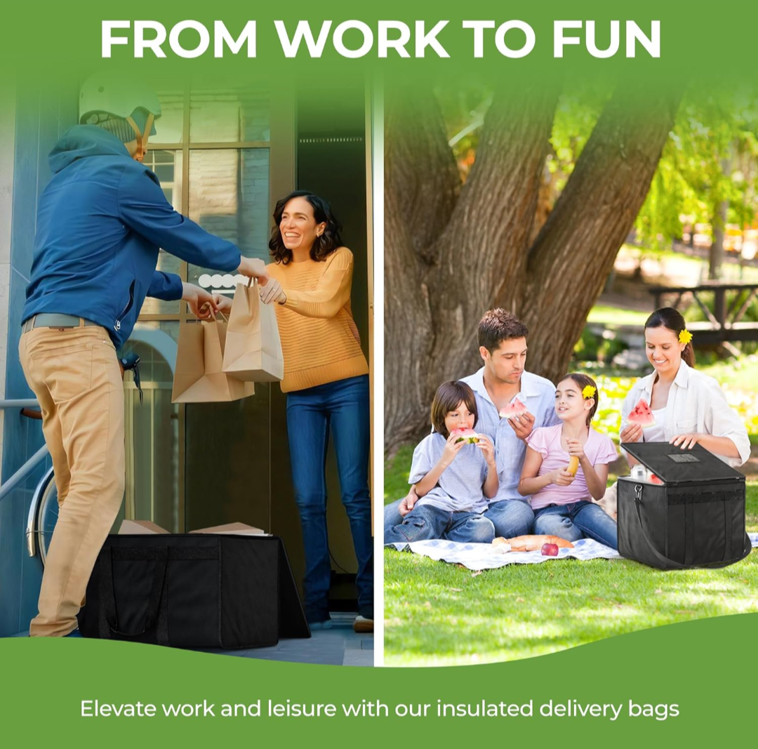 Advertisement for insulated delivery bags showing a man handing over a bag to a woman, with a family enjoying a picnic in a park.