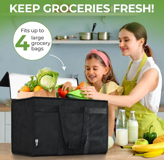 Black grocery bag organizer with vegetables on a kitchen counter, featuring text 'KEEP GROCERIES FRESH!'.