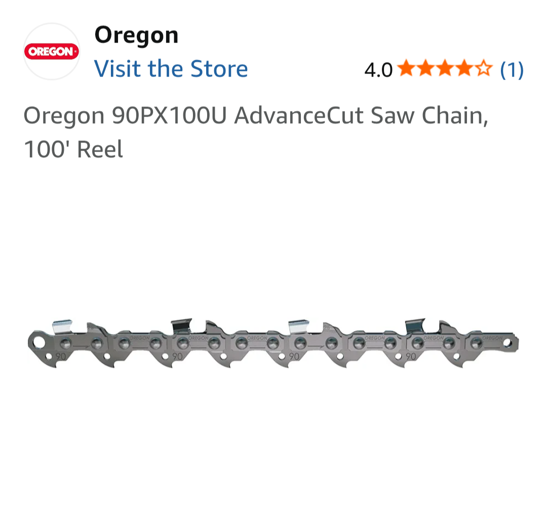 Product page for Oregon chain saw chain with price and purchase options on a white background