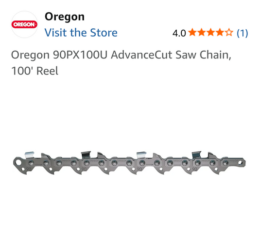 Product page for Oregon chain saw chain with price and purchase options on a white background