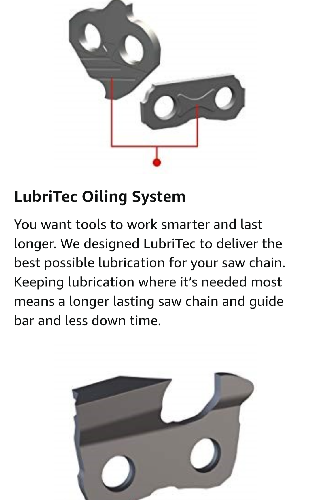 Lubrication system for saw chains with text about LubriTec technology on a white background.