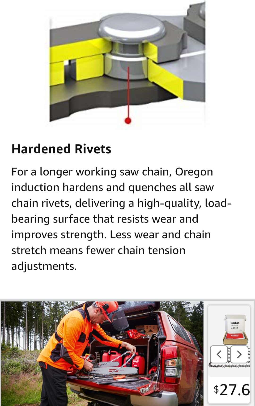 Product page with text about hardened rivets for saw chains, featuring an image of a person working on a truck.