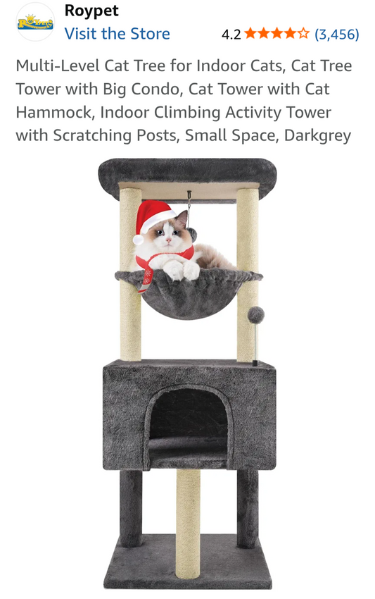 Cat tree with hammock and scratching post on a shopping app screen