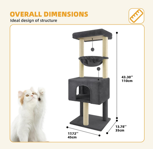 Cat tree with dimensions and a cat sitting on top, displayed on a beige background.