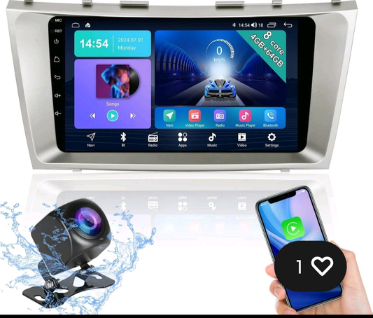 9-inch IPS 4+64G Android 13 Car Stereo Screen for Toyota Camry 2006-2011 with multiple device screens and a hand holding a smartphone.