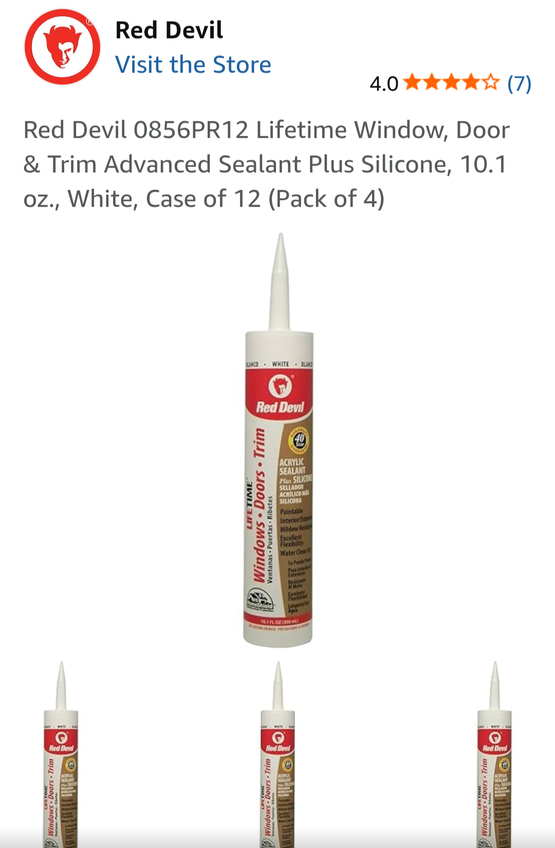 Red Devil window and door sealant with product details on a white background