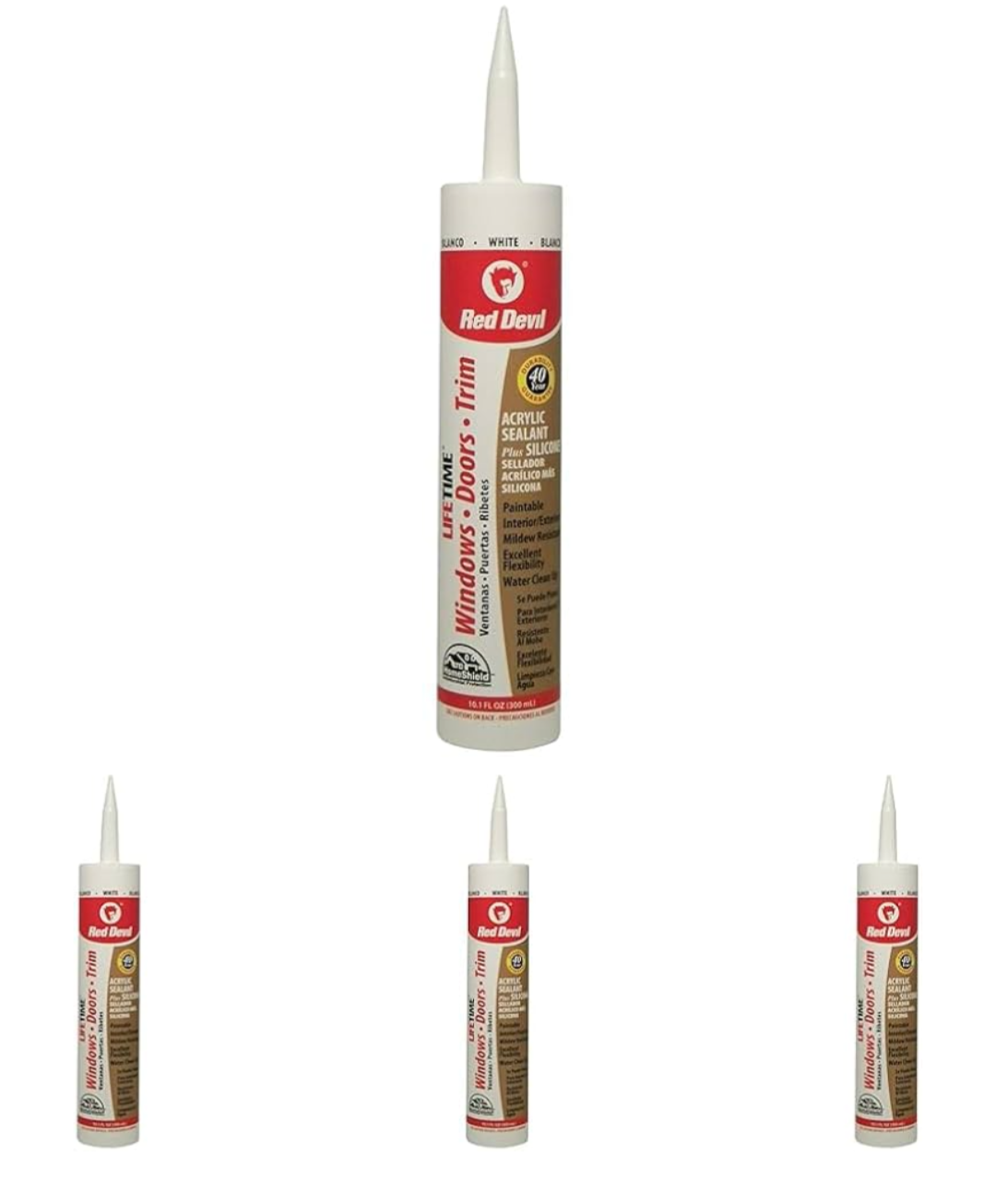 Red Devil caulk tubes on a white background with product details.