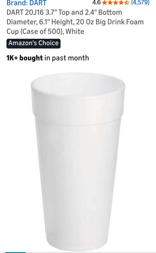 White foam cup with product details on a white background