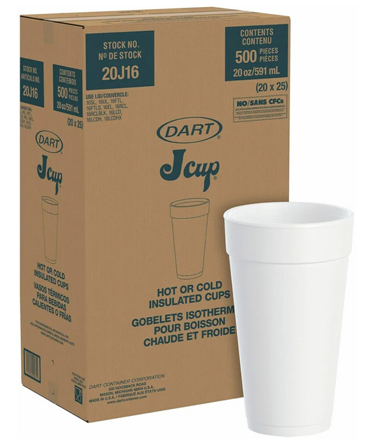 White insulated cup in front of Dart J Cup cardboard box