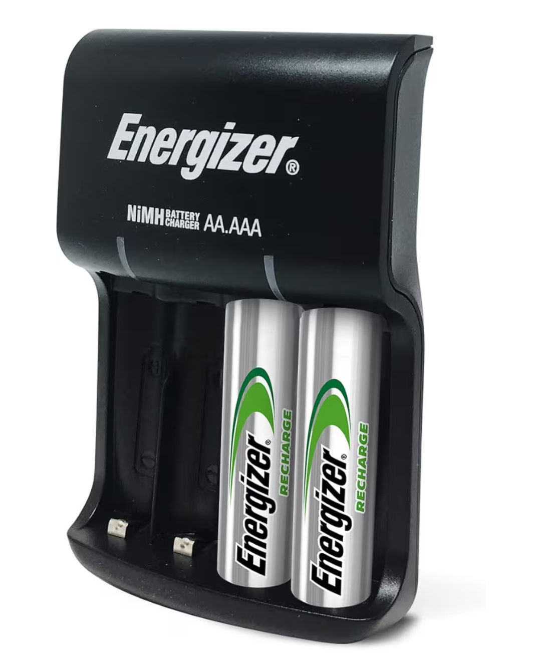 Energizer rechargeable battery charger with two batteries on a white background
