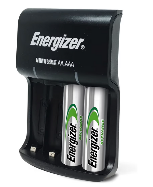 Energizer rechargeable battery charger with two batteries on a white background