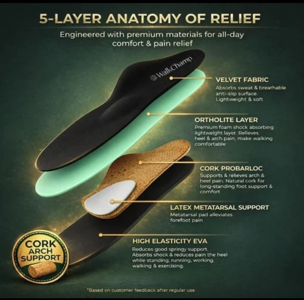 Walk Champ Orthopedic Shoe Insoles High Arch Support Inserts for Men and Women