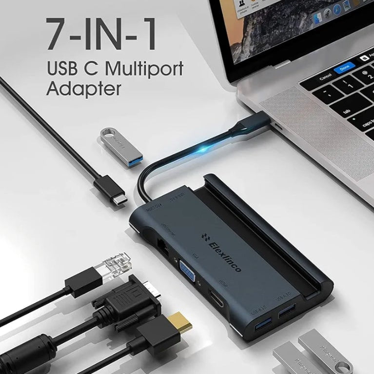 Elexlinco USB C Hub, 7-in-1 Type C Dock Adapter with Ethernet, 100W Power Delivery USB-C