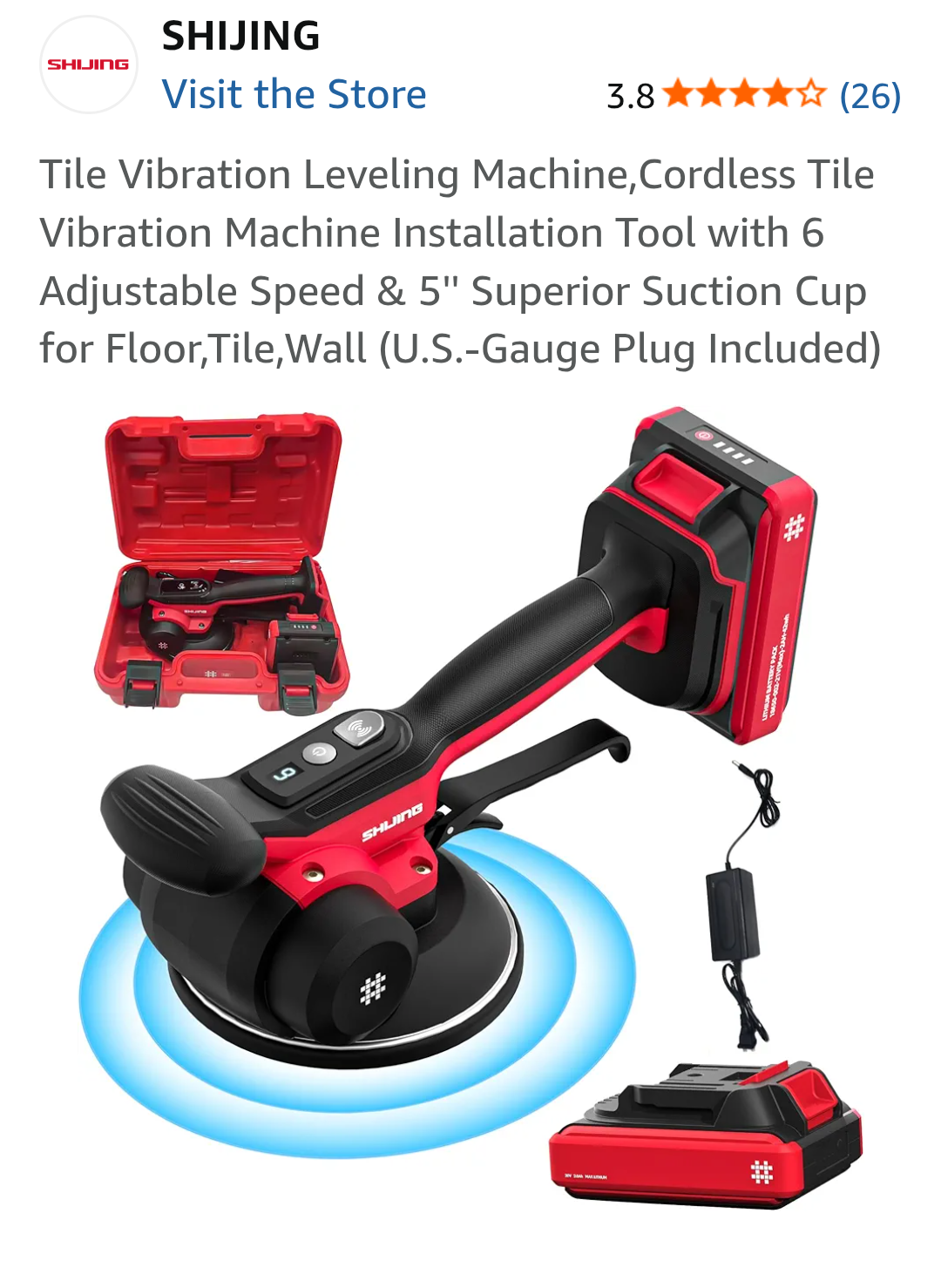 Tile vibration leveling machine with suction cup on a product page with promotional pricing.