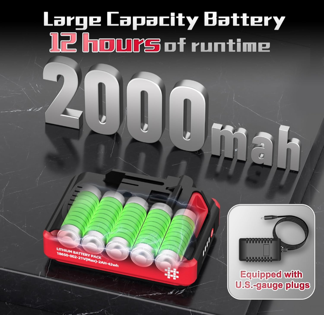 Battery pack with green cells and text indicating large capacity and runtime on a black background.