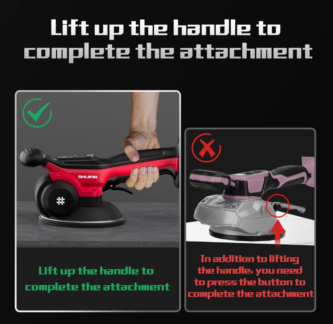 Instructions on how to lift up the handle for a tool attachment with text and images.