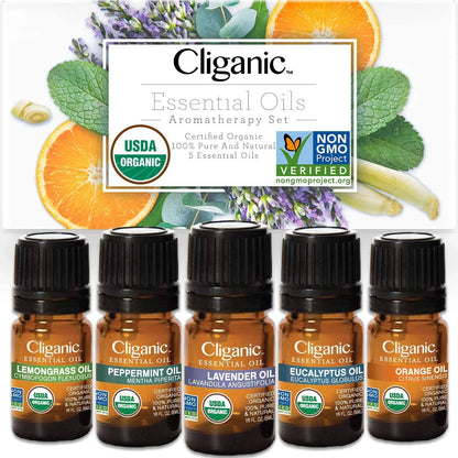 Cliganic Organic Essential Oils Set (Top 5) - 100% Pure Natural - Aromatherapy, Candle Making - Peppermint, Lavender, Eucalyptus, Lemongrass & Orange