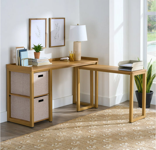 Wooden desk with shelves and lamp in a room setting