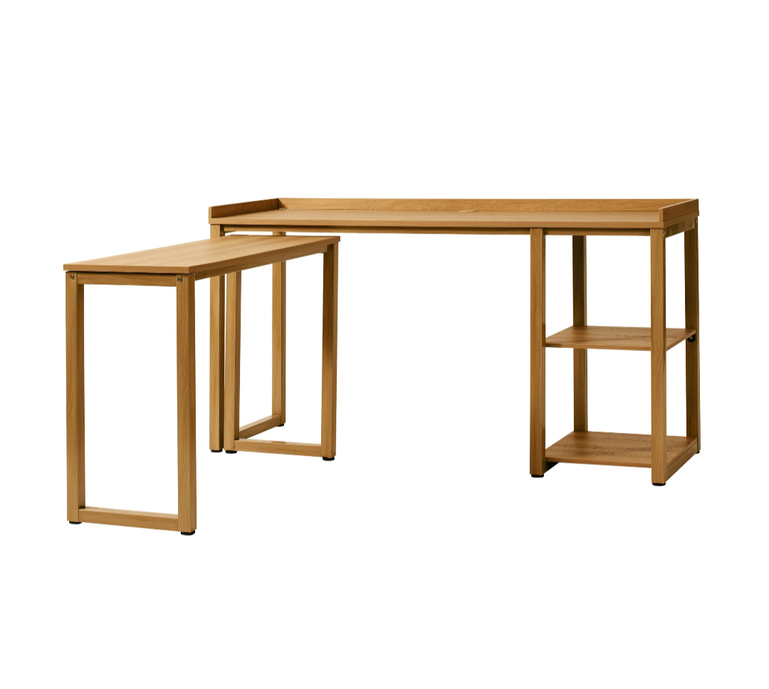 Wooden desk with shelves on a white background