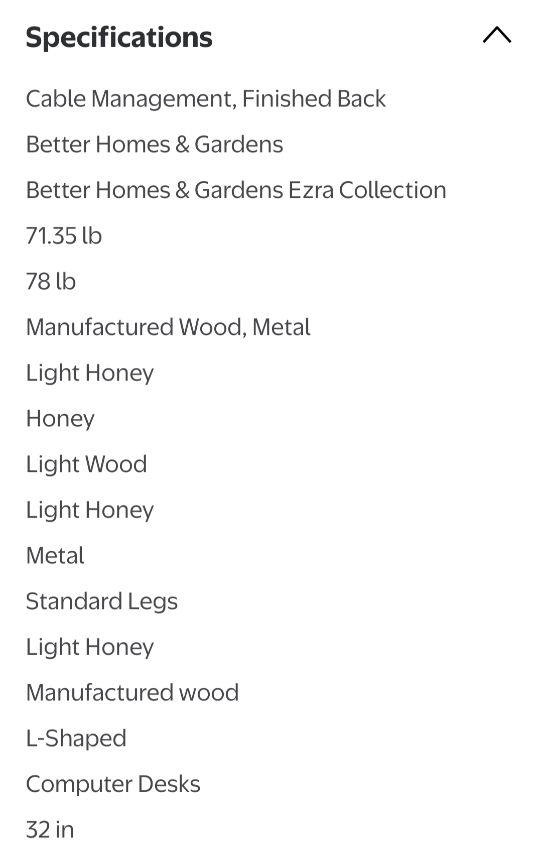Product specifications list for a Better Homes & Gardens item on a white background