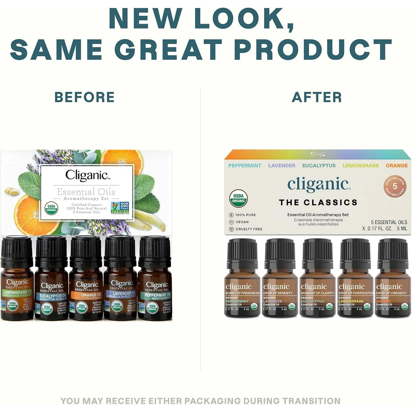 Cliganic Organic Essential Oils Set (Top 5) - 100% Pure Natural - Aromatherapy, Candle Making - Peppermint, Lavender, Eucalyptus, Lemongrass & Orange