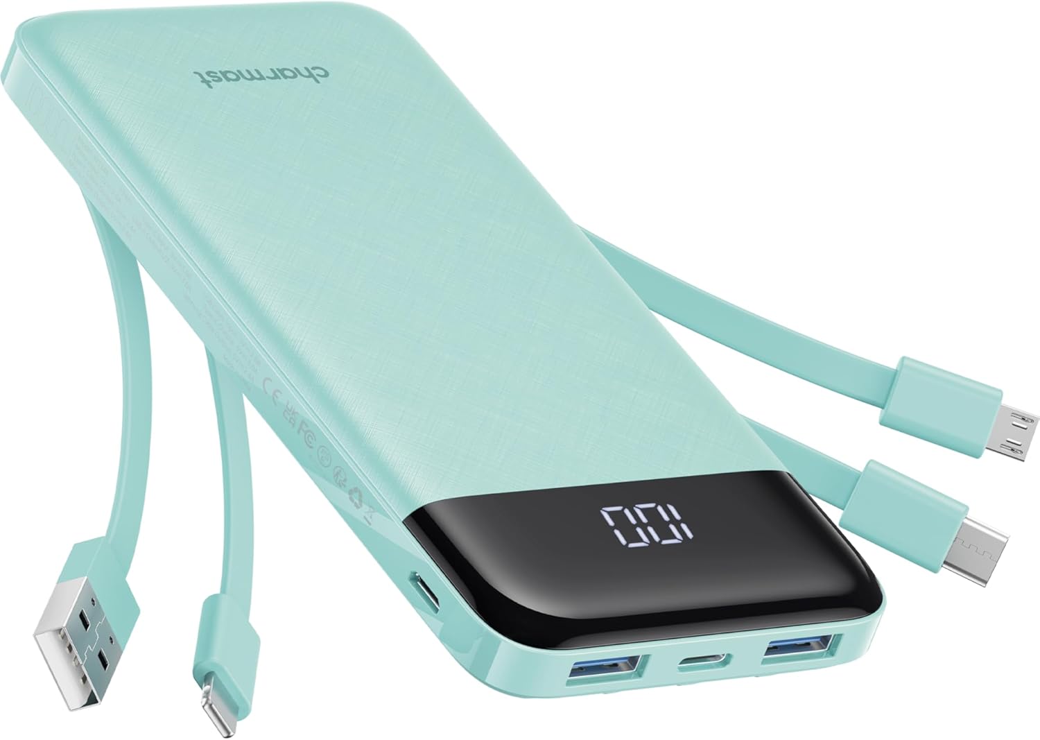 Turquoise power bank with multiple ports and cables on a white background