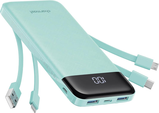 Turquoise power bank with multiple ports and cables on a white background