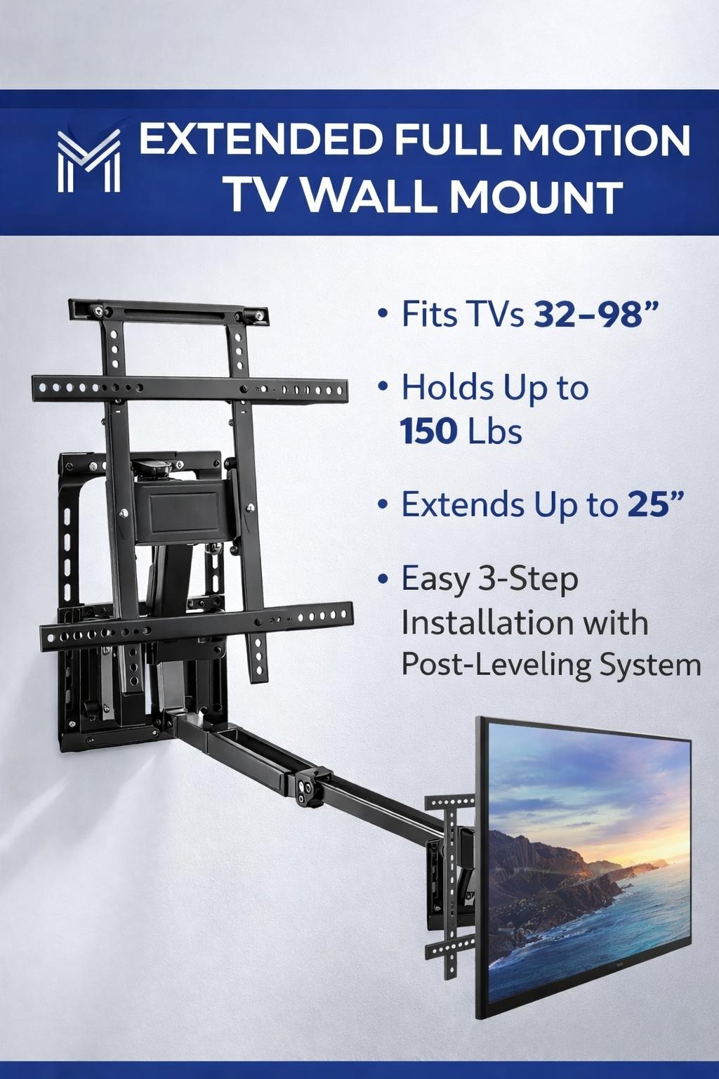 TV Wall Mount w/ Extended Full-Motion, 32" to 98", 150lbs Max, 25" Extension