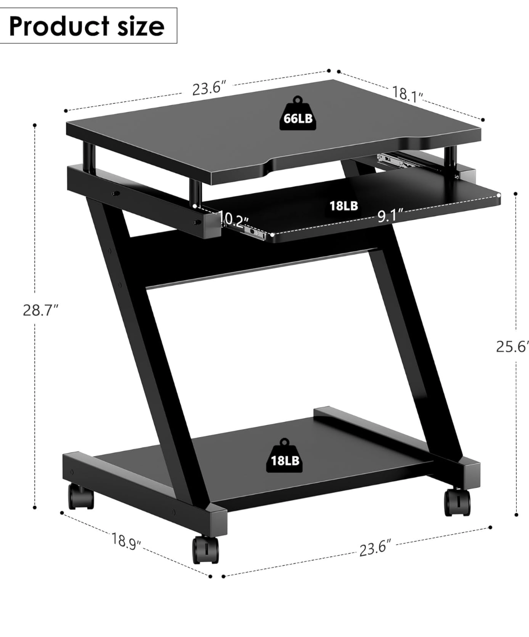 30" Small Mobile Computer Desk with Keyboard Drawer, Black