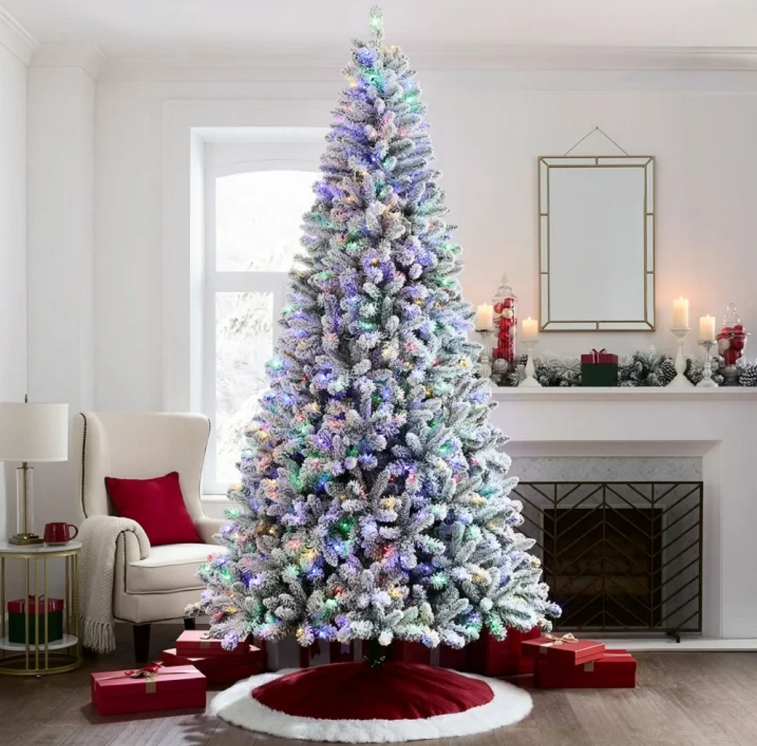 Holiday Time 9ft Flocked Multi-Colored Pre-Lit Frisco Spruce Christmas Tree w/ Metal Stand