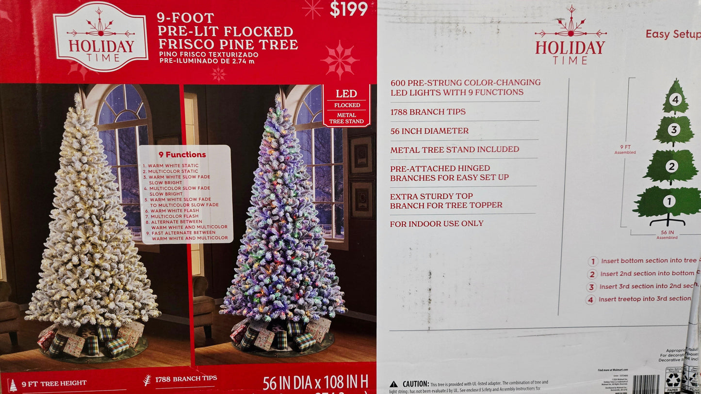 Holiday Time 9ft Flocked Multi-Colored Pre-Lit Frisco Spruce Christmas Tree w/ Metal Stand