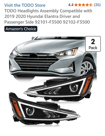 TODO Headlights Assembly Compatible with 2019 202O HyundaiElantra Driver and Passenger Side 92101-F3500 92102-F3500