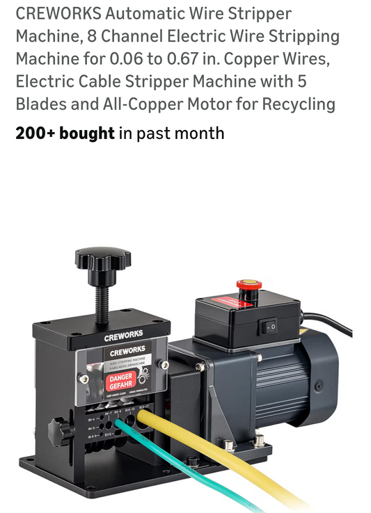 CREWORKS automatic wire stripping machine on a product page with store link and customer ratings.