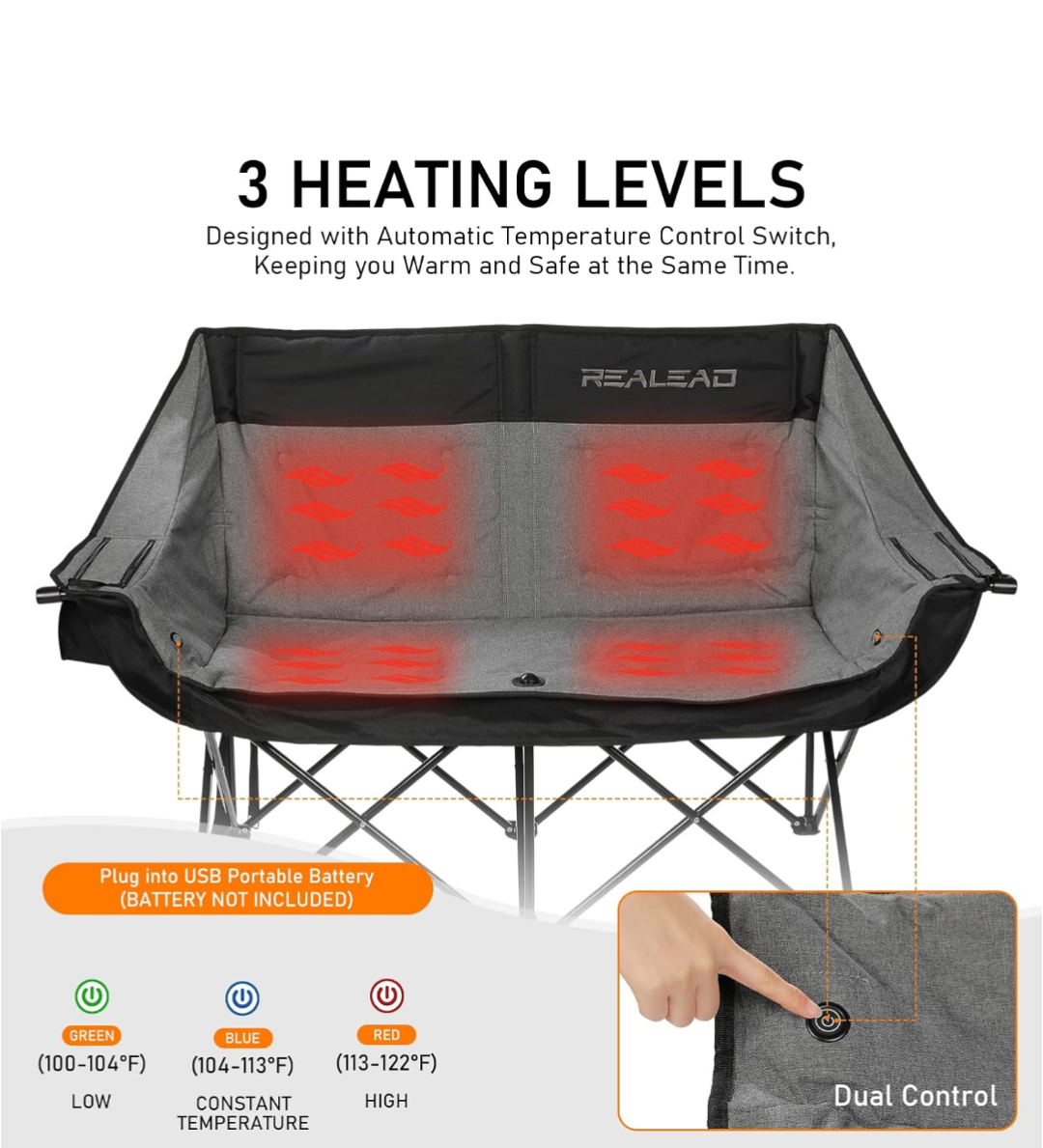 Realead Two-Person Heated Outdoor Camping Chair Love-Seat, Adult Size, Grey