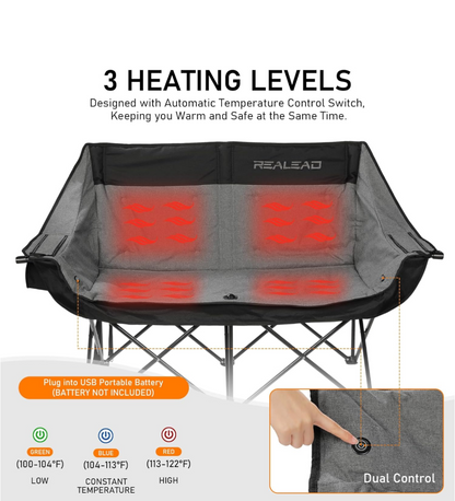 Realead Two-Person Heated Outdoor Camping Chair Love-Seat, Adult Size, Grey