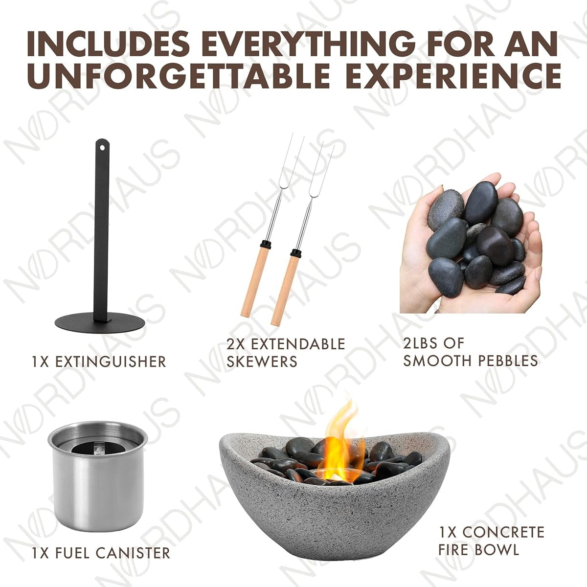 Collection of items for an outdoor fire pit experience including a concrete fire bowl, extinguisher, skewers, pebbles, and fuel canister on a white background.