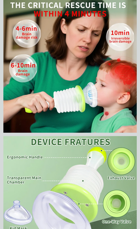 Product advertisement showing a woman administering a rescue breath to a child with text about critical rescue time and device features.