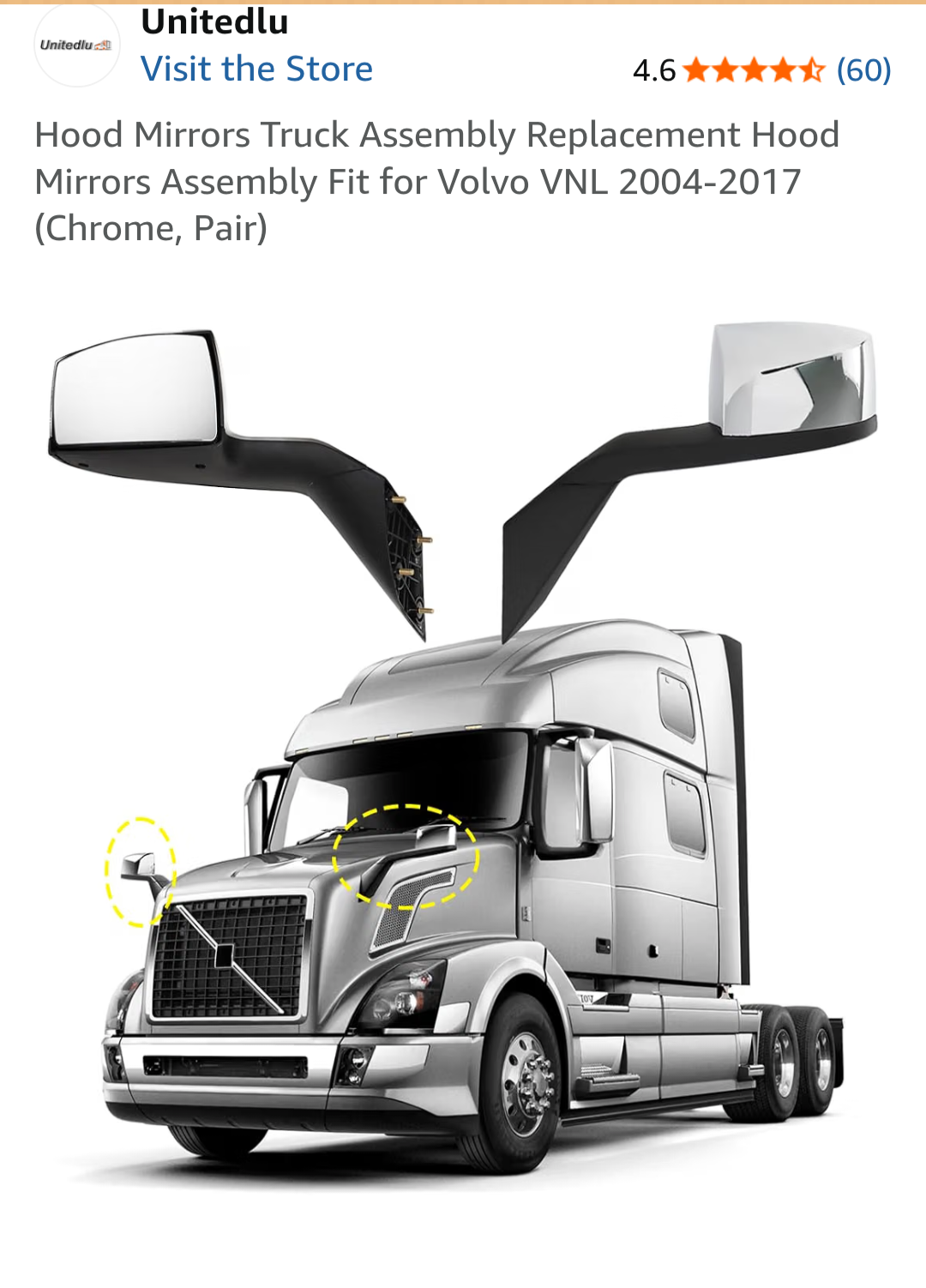 Replacement Hood Mirrors Truck Assembly for Volvo VNL 2004-2017 (Chrome, Pair)