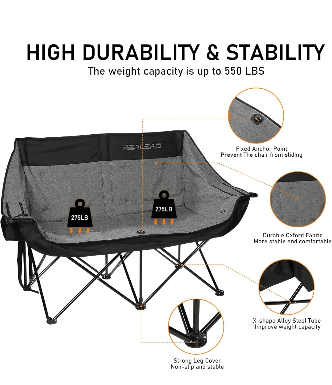 Realead Two-Person Heated Outdoor Camping Chair Love-Seat, Adult Size, Grey